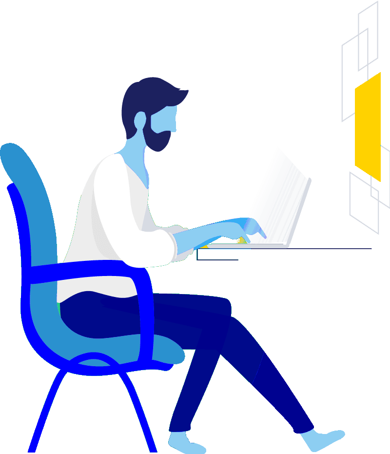 cartoon person sitting at a desk typing on laptop