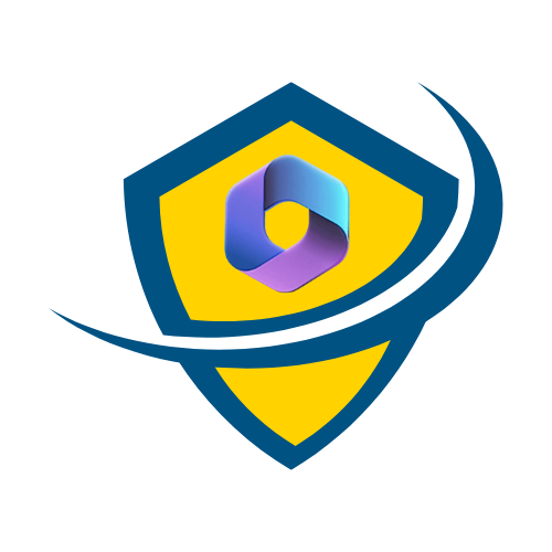 Shield blue outline and yellow in middle with Microsoft365 Logo on it