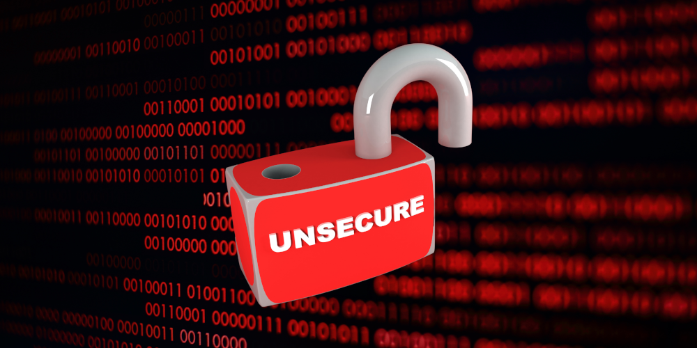 image with unlocked padlock and black background with red code signifying unencrypted / unsecure connection