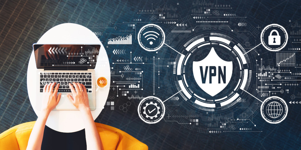 VPN image with computer and symbols of VPN and secure wifi and internet connection
