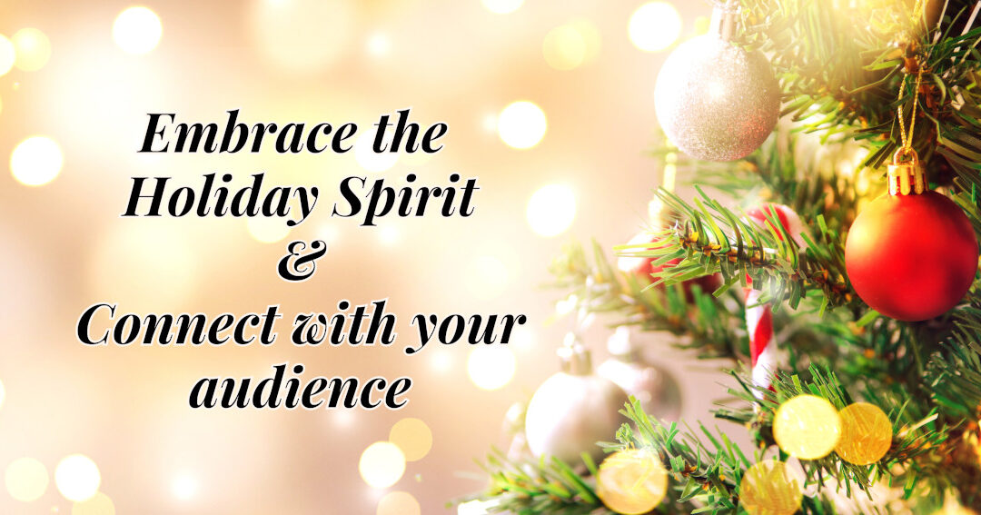 Embrace the festive spirit graphic of a christmas tree and lights in the background behind text